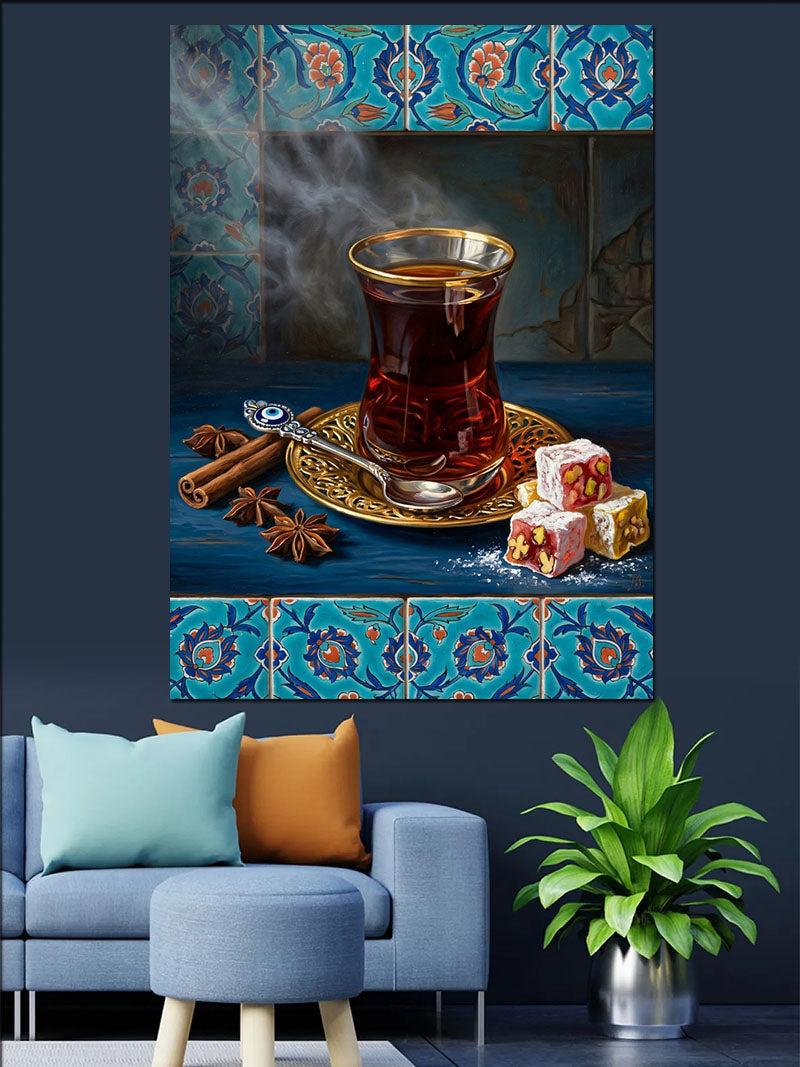 Çini Desenli Çay Bardağı Keyfi Kanvas Tablo