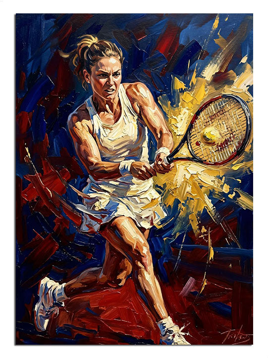 Alev efektli soyut fonda tenis raketiyle smaç vuran kadın sporcu tablosu.