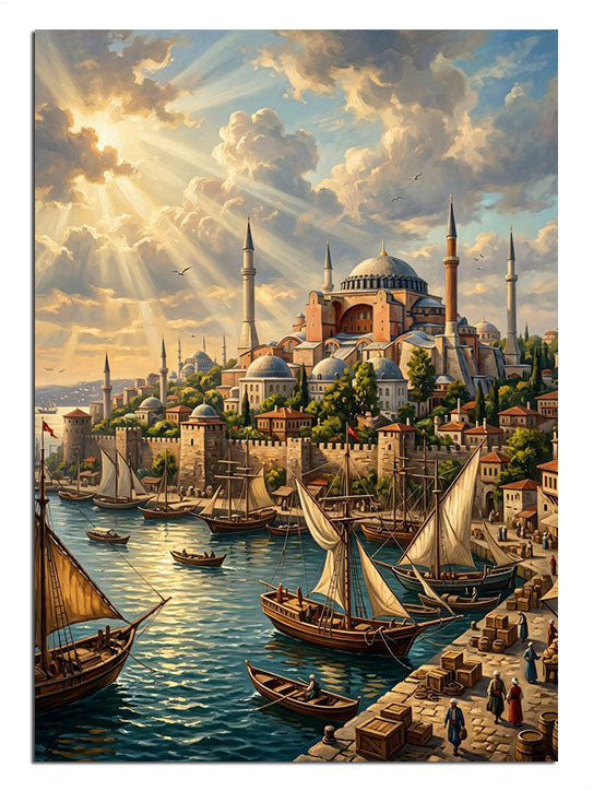 Boğaz'da yelkenliler ve Süleymaniye Camii gün doğumu manzarası tablosu.