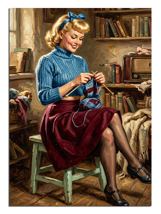 Kütüphaneli evde örgü ören sarışın kadın tablosu vintage.