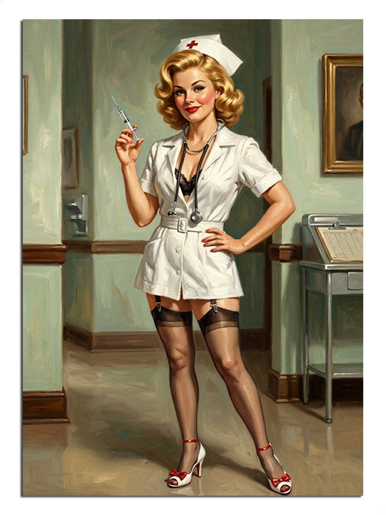Hastane koridorunda şırınga tutan beyaz üniformalı pin-up hemşire tablosu.