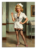 Hastane koridorunda şırınga tutan beyaz üniformalı pin-up hemşire tablosu.