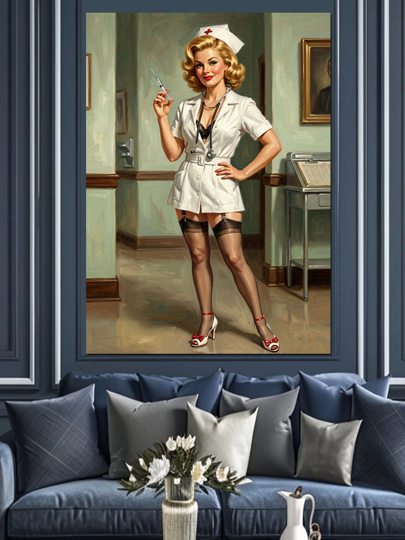 Şırıngalı Hemşire Pin-up Kadın Kanvas Tablo