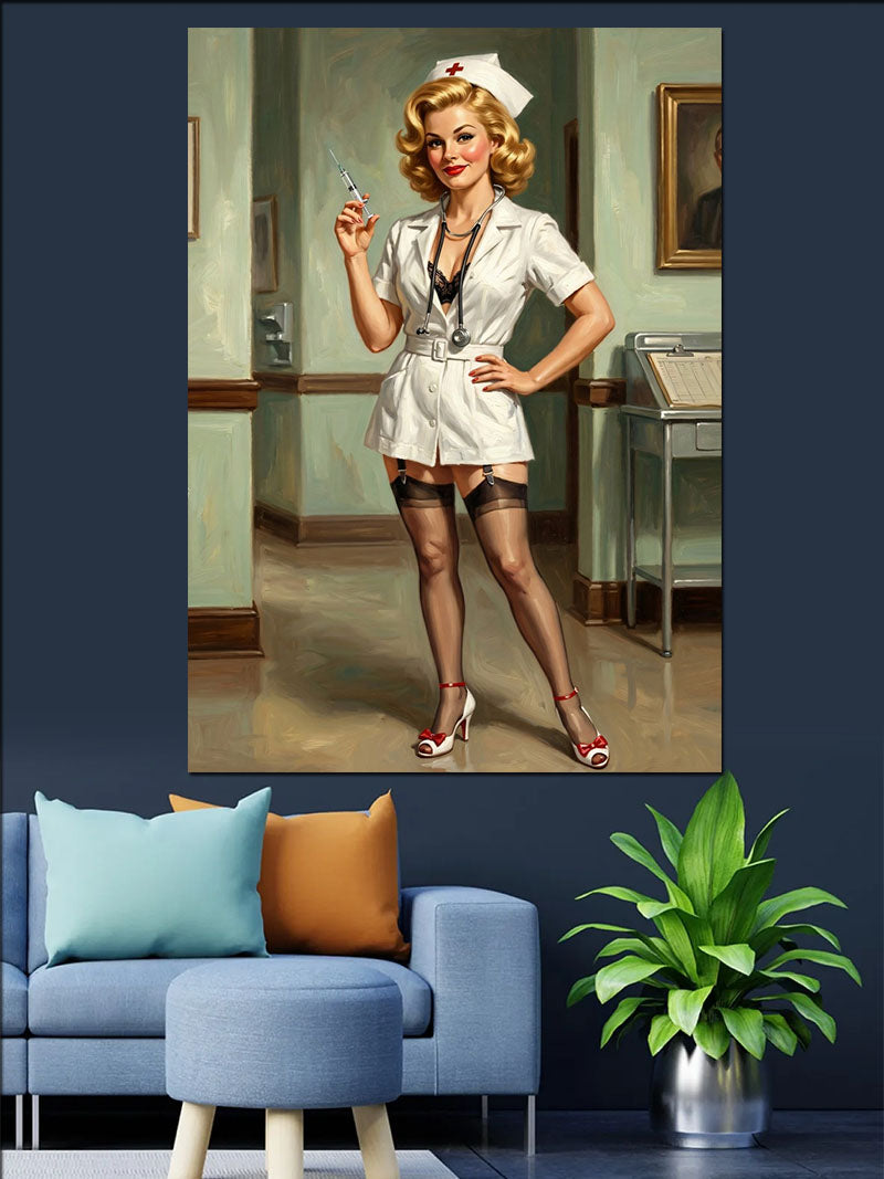 Şırıngalı Hemşire Pin-up Kadın Kanvas Tablo