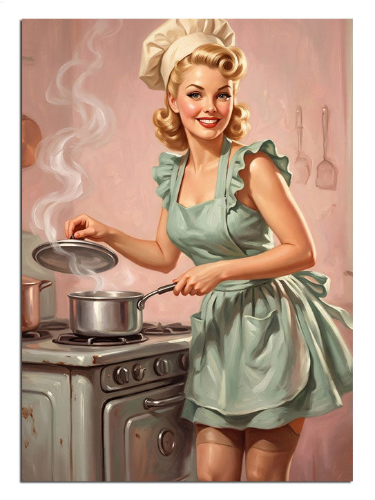 Ocakta tencere karıştıran yeşil elbiseli sarışın kadın pin-up tablosu.