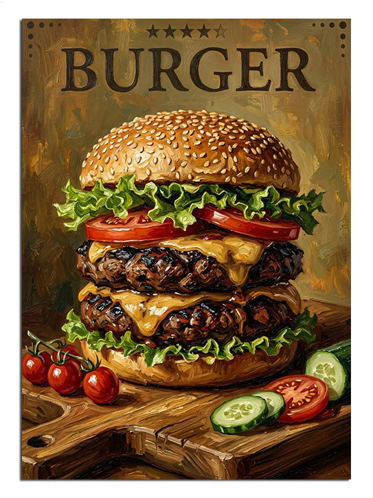 Ahşap masada BURGER yazılı üç katlı dev hamburger afişi tablosu.