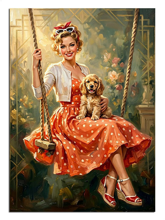 Halat salıncakta köpekli pembe elbiseli sarışın kadın tablosu.