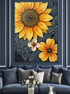 Siyah Beyaz Desenli Sarı Ayçiçeği Kanvas Tablo