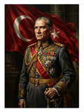 Türk bayrağı önünde askeri üniformalı Atatürk portresi tablosu.