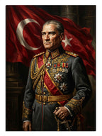 Türk bayrağı önünde askeri üniformalı Atatürk portresi tablosu.