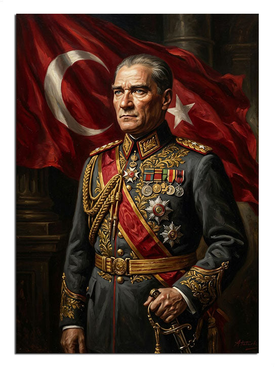 Türk bayrağı önünde askeri üniformalı Atatürk portresi tablosu.