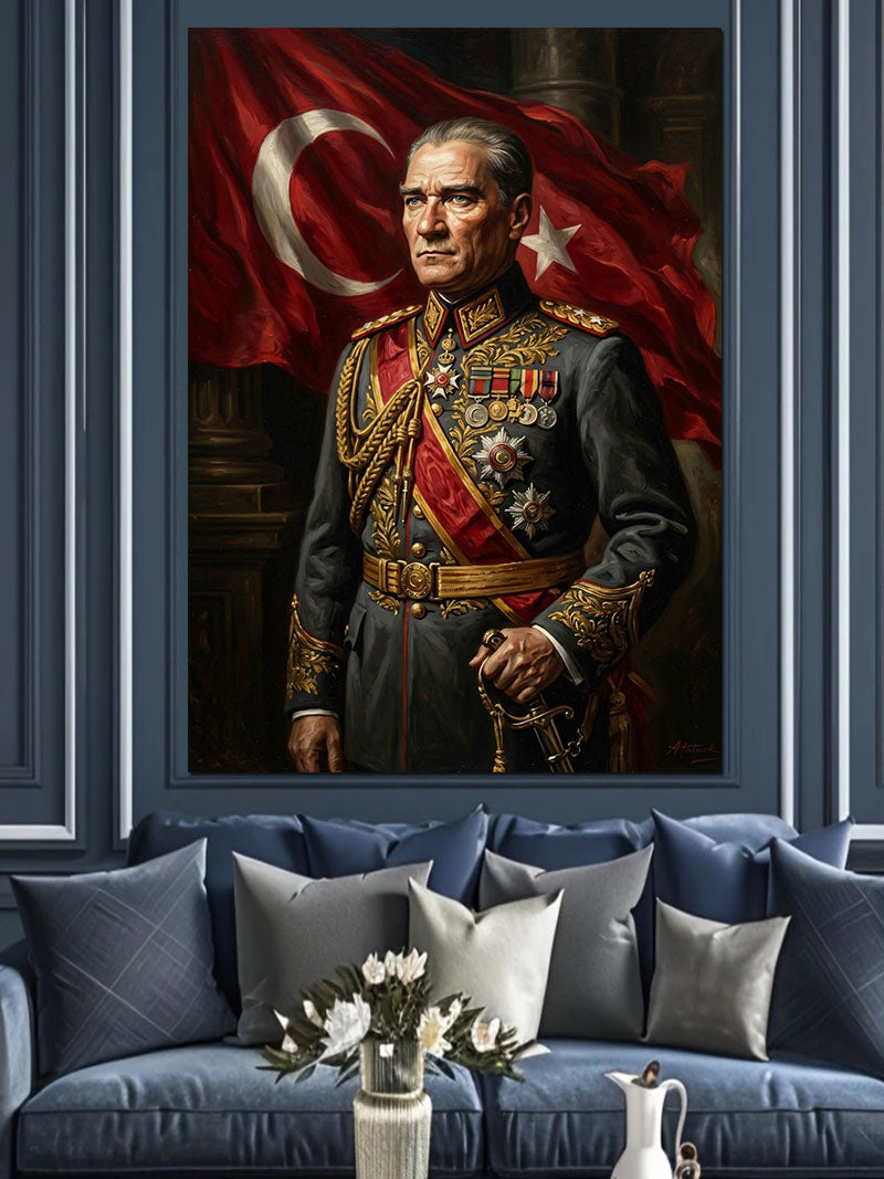 Türk Bayraklı Askeri Üniformalı Atatürk Kanvas Tablo