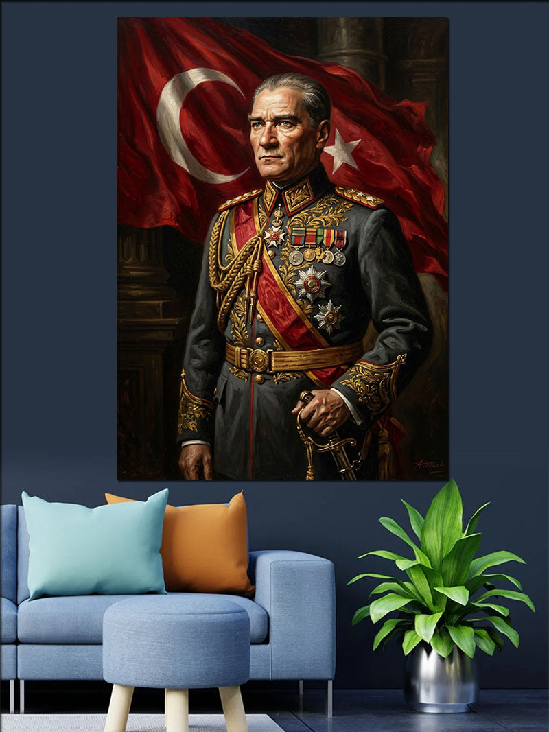 Türk Bayraklı Askeri Üniformalı Atatürk Kanvas Tablo