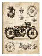 Eski kağıt üzerinde motosiklet ve motor parçaları teknik çizim planı tablosu.