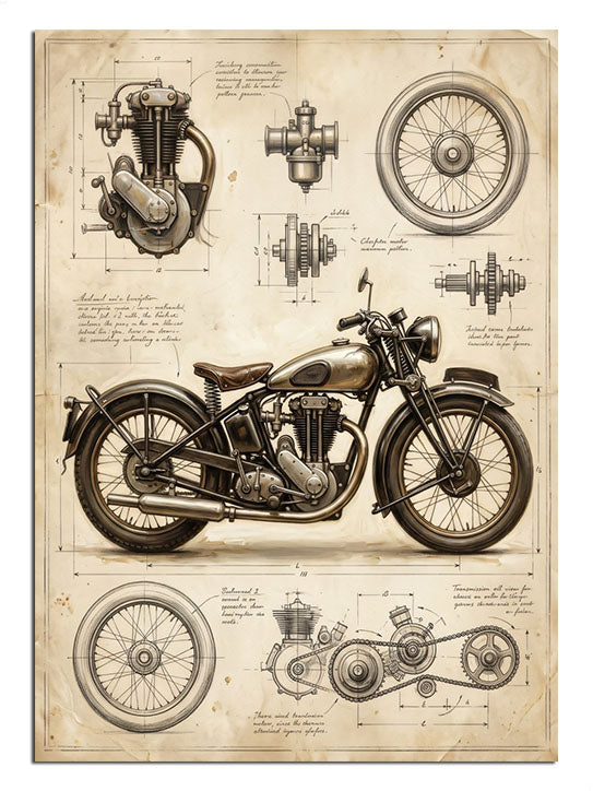 Eski kağıt üzerinde motosiklet ve motor parçaları teknik çizim planı tablosu.
