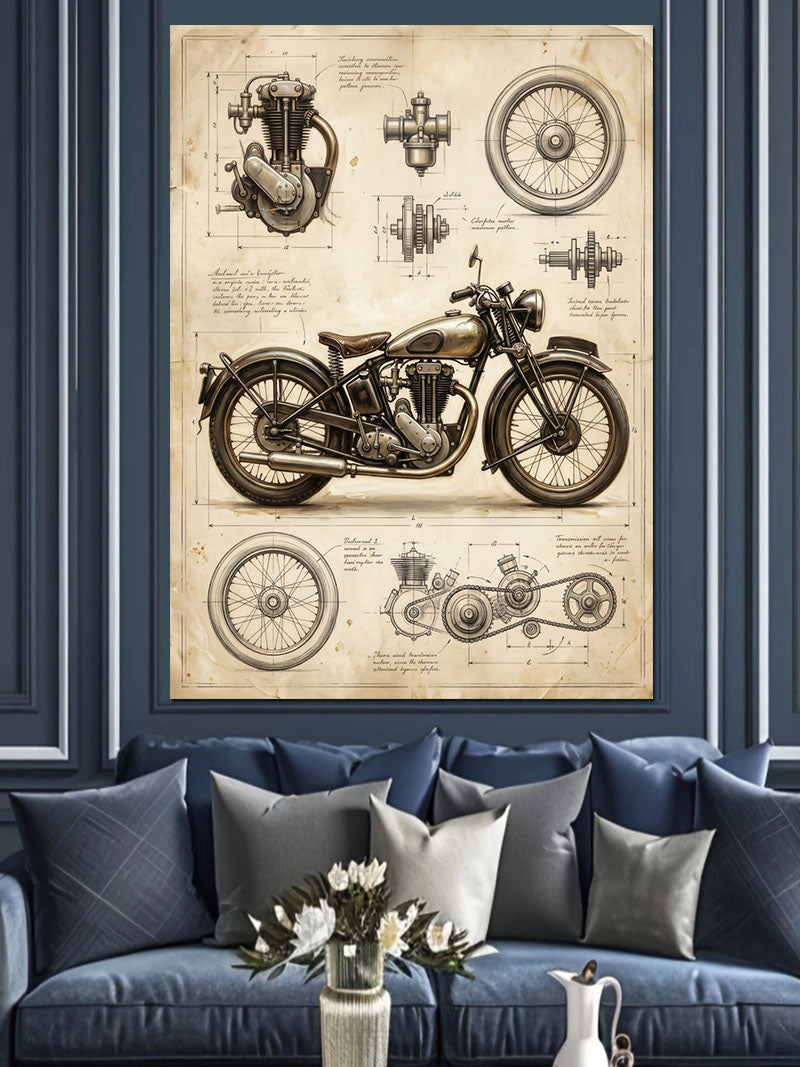 Vintage Motosiklet Teknik Çizim Planı Kanvas Tablo