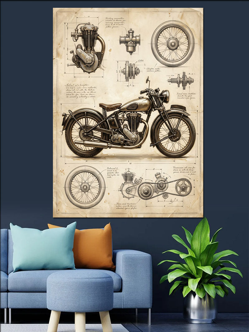 Vintage Motosiklet Teknik Çizim Planı Kanvas Tablo