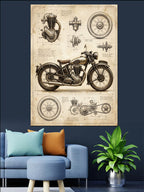 Vintage Motosiklet Teknik Çizim Planı Kanvas Tablo