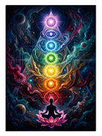 Meditasyon yapan insan üzerinde yedi çakra renkli enerji tablosu.