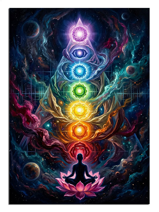 Meditasyon yapan insan üzerinde yedi çakra renkli enerji tablosu.