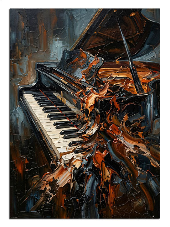 Parçalanan piyano ve keman enstrümanları soyut sanat tablosu.