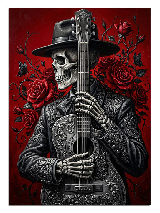 Kırmızı fonda kırmızı güller arasında gitar çalan iskelet mariachi tablosu.