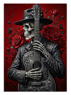 Kırmızı fonda kırmızı güller arasında gitar çalan iskelet mariachi tablosu.