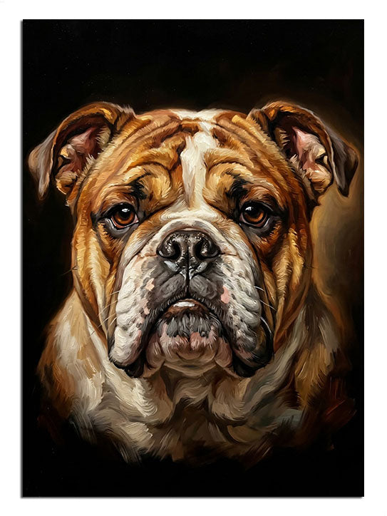 Siyah fonda asil duran İngiliz bulldog köpek portresi tablosu.
