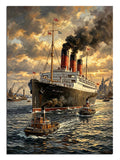 Limanda dumanlı büyük Titanic gemisi ve römorkörler manzarası tablosu.