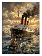 Limanda dumanlı büyük Titanic gemisi ve römorkörler manzarası tablosu.