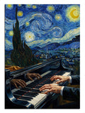 Van Gogh Yıldızlı Gece altında piyano çalan eller tablosu.