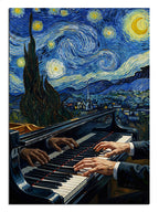 Van Gogh Yıldızlı Gece altında piyano çalan eller tablosu.