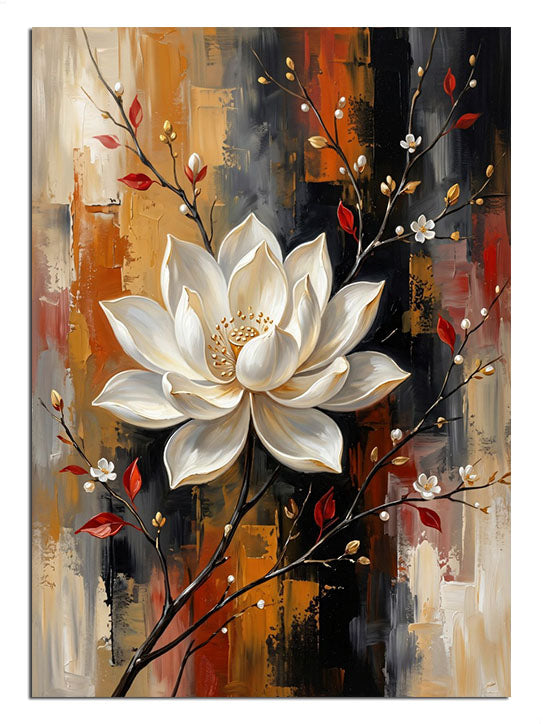 Soyut altın sıçramalı fonda beyaz lotus çiçeği dalı tablosu.