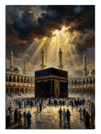 Işık huzmeleri altında Kabe ve etrafında tavaf eden kalabalık tablosu.