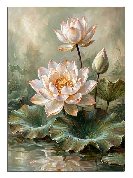 Sisli fonda nilüfer yaprakları arasında iki beyaz lotus çiçeği tablosu.