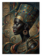 Altın ve mavi takılı Mısır kraliçesi Nefertiti siyah kadın portresi tablosu.