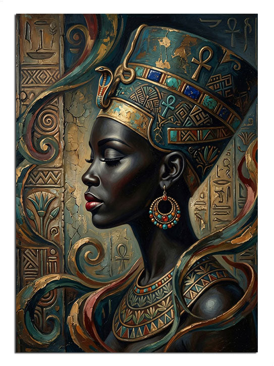Altın ve mavi takılı Mısır kraliçesi Nefertiti siyah kadın portresi tablosu.