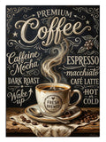 Siyah fonda PREMIUM Coffee yazılı buharlı kupa afişi tablosu.