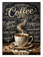 Siyah fonda PREMIUM Coffee yazılı buharlı kupa afişi tablosu.