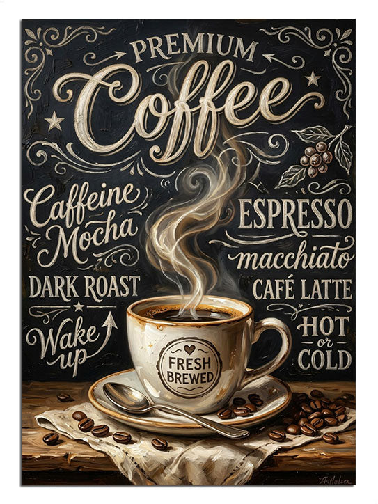 Siyah fonda PREMIUM Coffee yazılı buharlı kupa afişi tablosu.