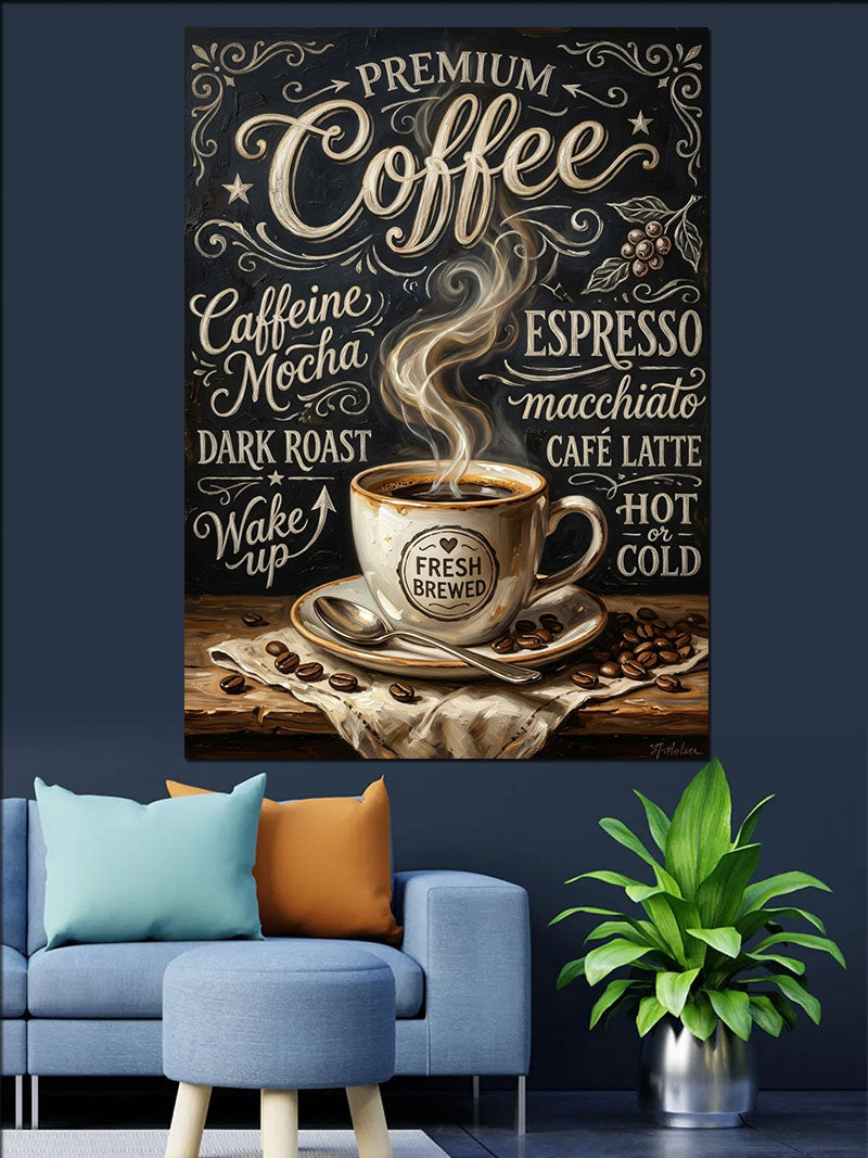 Premium Coffee Buharlı Kupa Afişi Kanvas Tablo