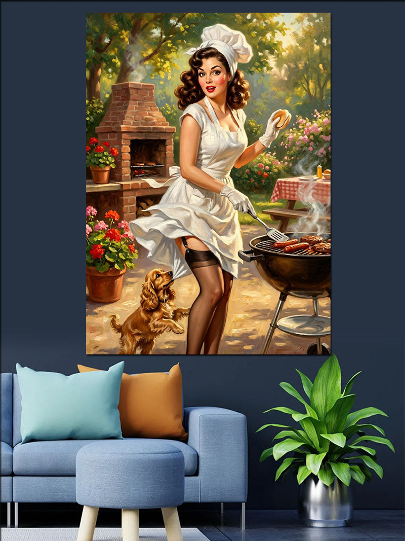 Bahçede Barbekü Yapan Pin-up Kadın Kanvas Tablo