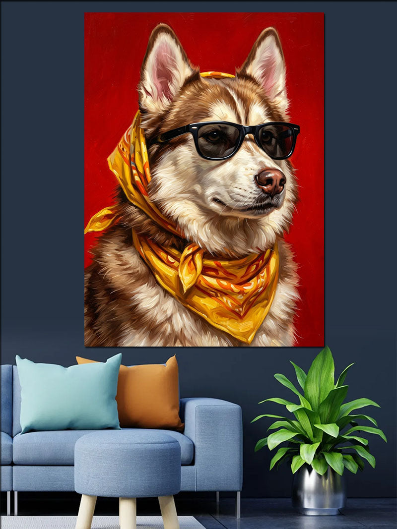 Gözlüklü Sarı Bandanalı Husky Köpek Kanvas Tablo