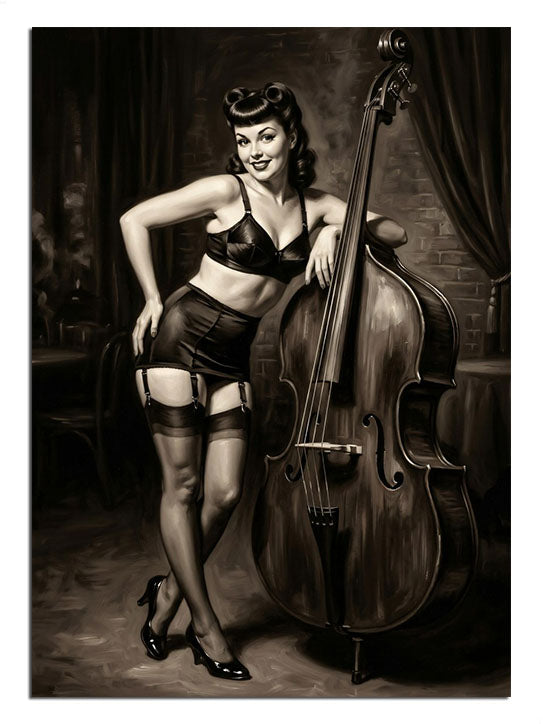 Kontrbas yanında siyah iç çamaşırlı pin-up kadın siyah beyaz tablosu.