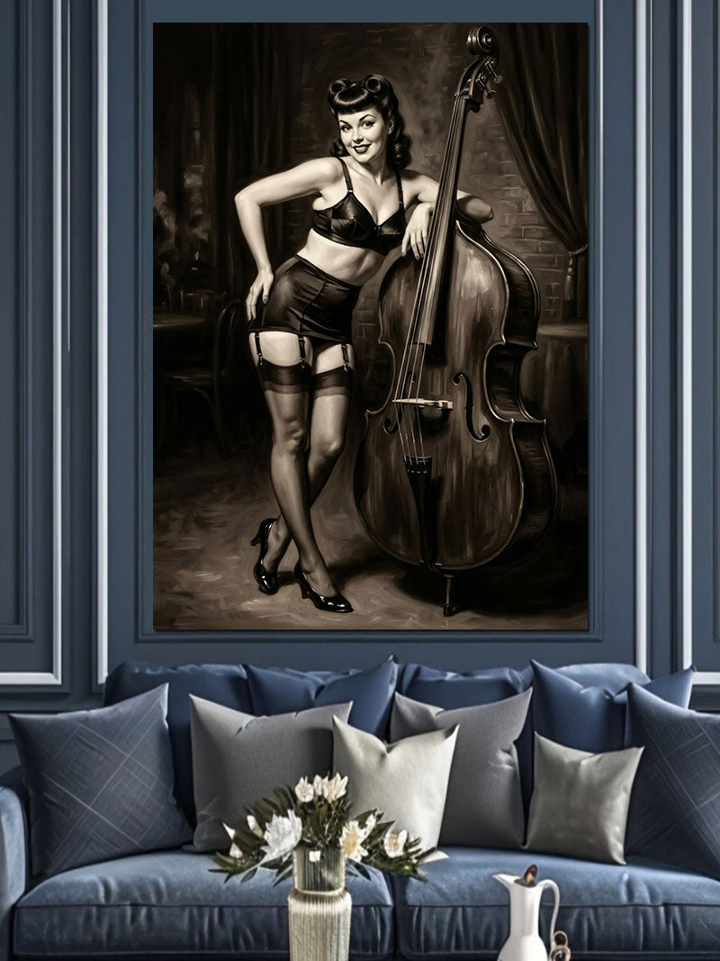 Kontrbaslı Siyah Beyaz Pin-up Kadın Kanvas Tablo