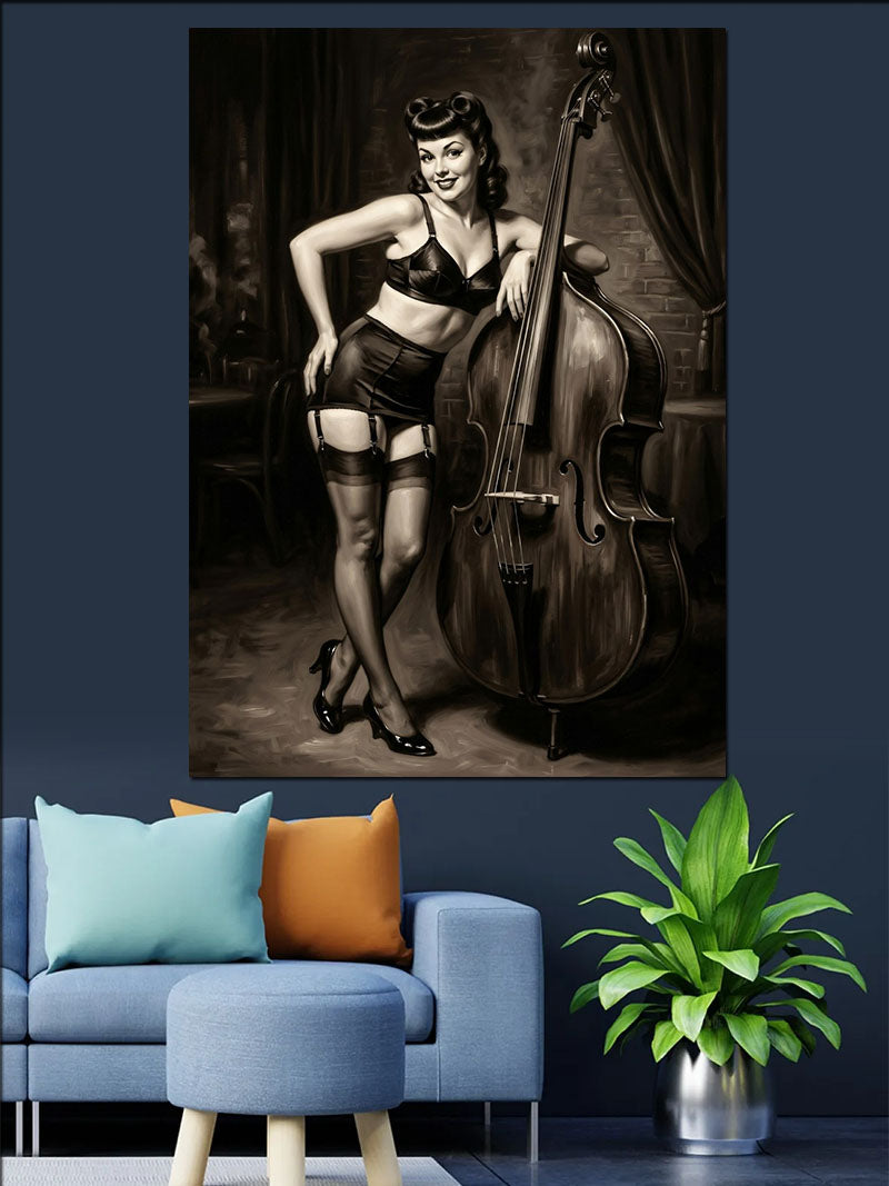 Kontrbaslı Siyah Beyaz Pin-up Kadın Kanvas Tablo