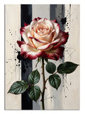 Siyah beyaz çizgili fonda kırmızı beyaz gül çiçeği tablosu.