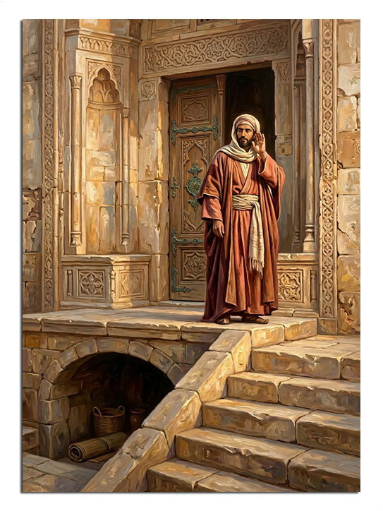 Taş bina kapısı önünde dua eden sakallı adam tablosu.
