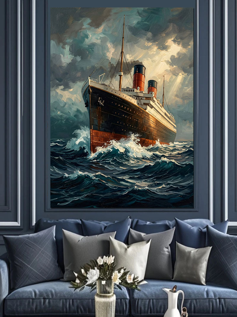 Fırtınada Titanic Gemisi Dalgalı Denizde Kanvas Tablo
