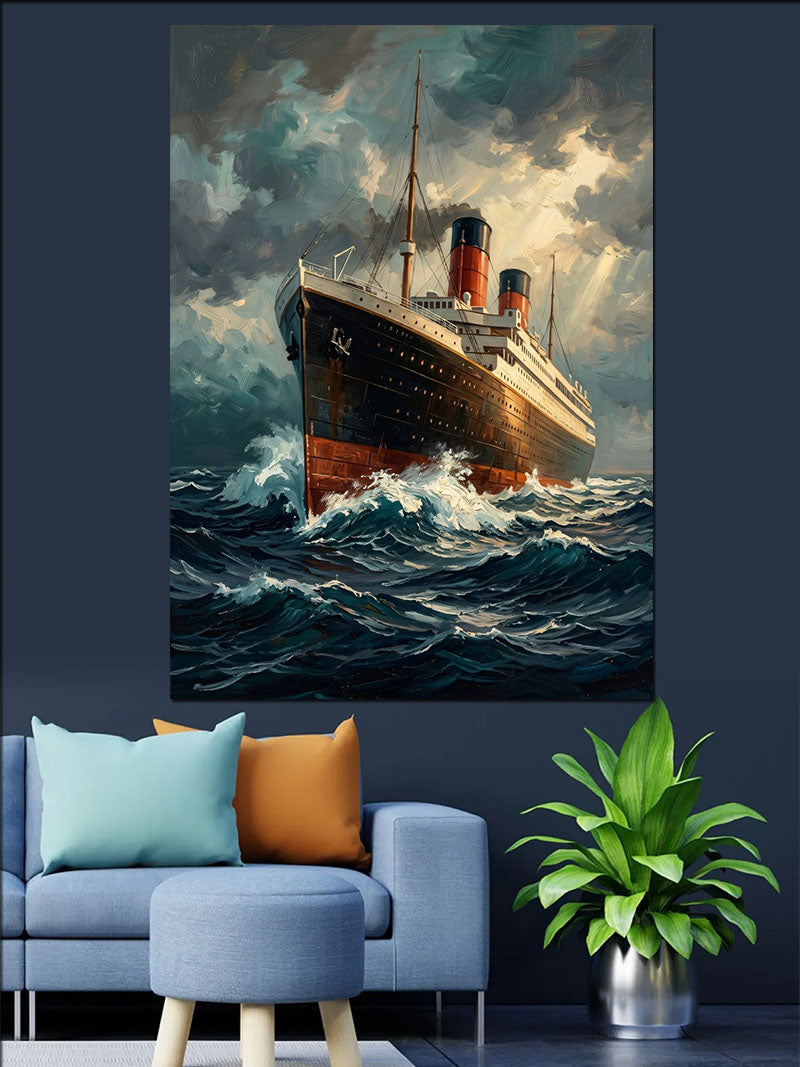 Fırtınada Titanic Gemisi Dalgalı Denizde Kanvas Tablo